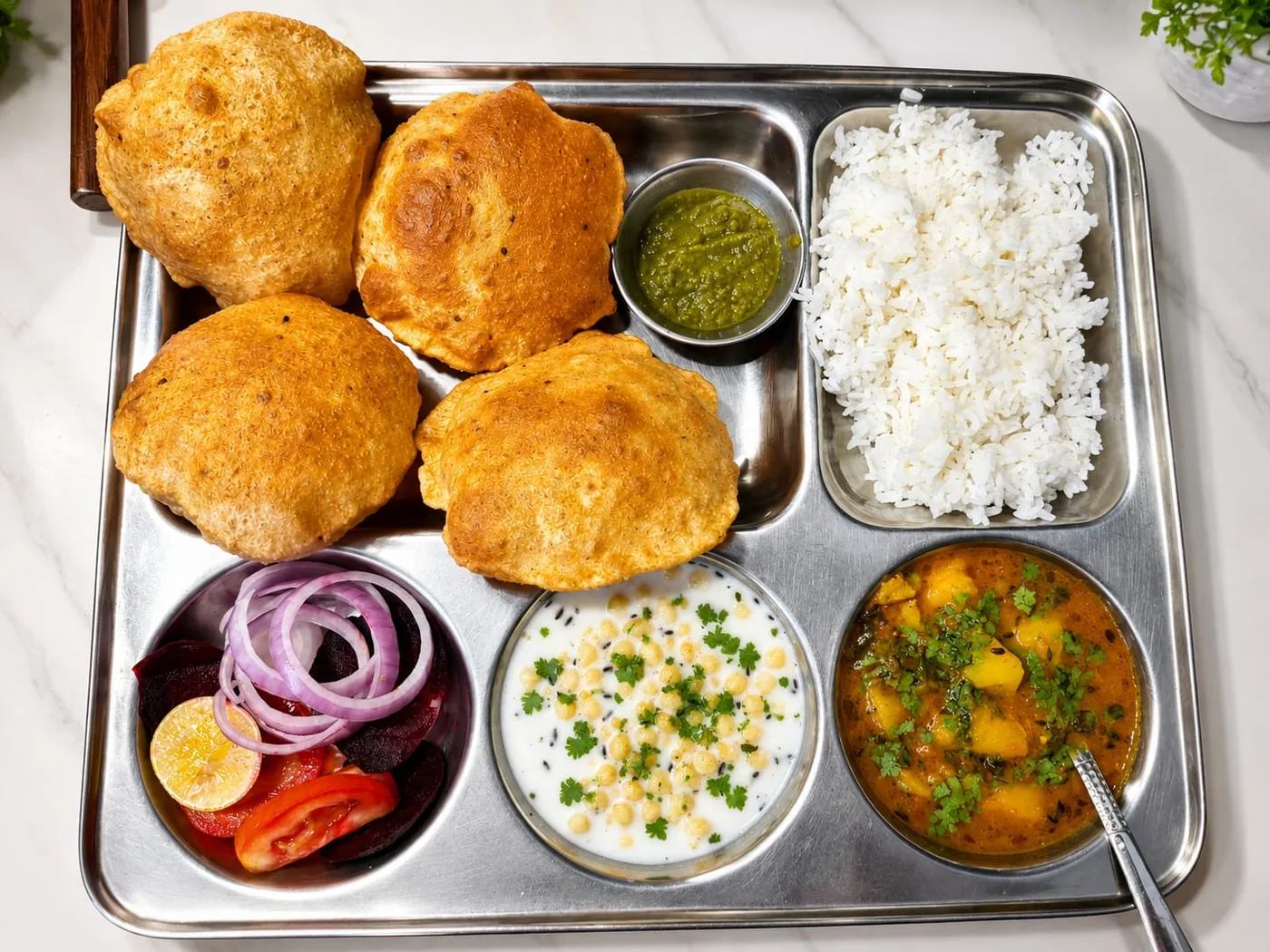 Home-cooked vegetarian thali at Duhomes boys PG Kamla Nagar, puri, dal, rice, raita and salad
